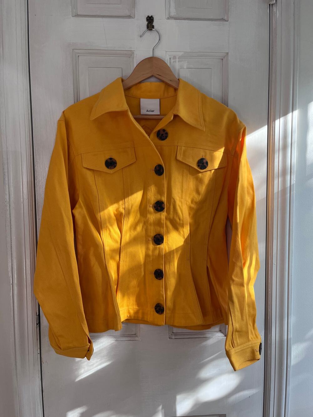 Acler Golding Denim Jacket Yellow Mustard Tortoise Button Cotton US 6 AU 10 M